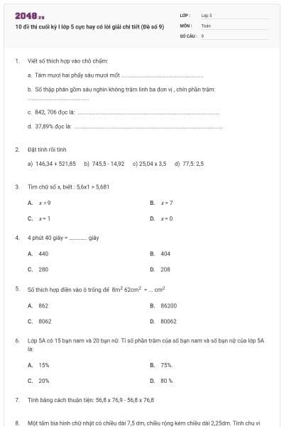 10 đề thi cuối kỳ I lớp 5 cực hay có lời giải chi tiết (Đề số 9)