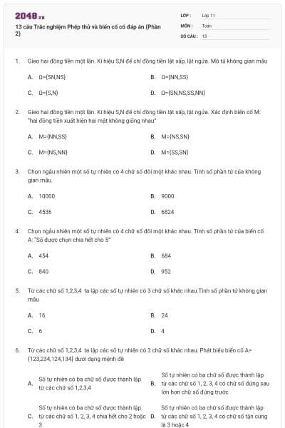 13 câu Trắc nghiệm Phép thử và biến cố có đáp án (Phần 2)