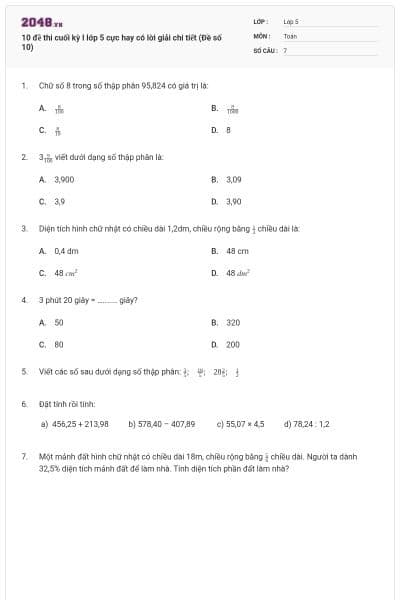 10 đề thi cuối kỳ I lớp 5 cực hay có lời giải chi tiết (Đề số 10)