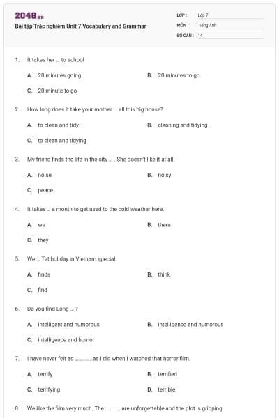 Bài tập Trắc nghiệm Unit 7 Vocabulary and Grammar