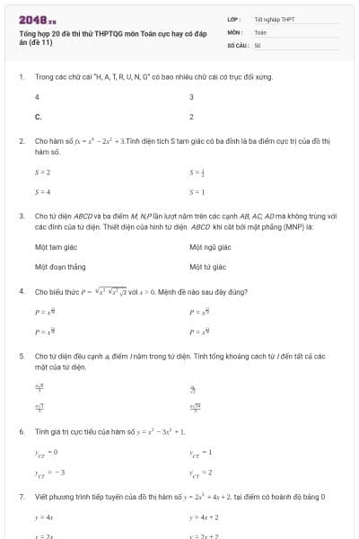 Tổng hợp 20 đề thi thử THPTQG môn Toán cực hay có đáp án (đề 11)