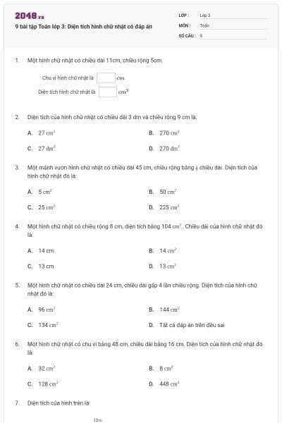 9 bài tập Toán lớp 3: Diện tích hình chữ nhật có đáp án