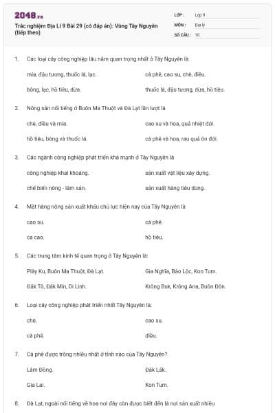 Trắc nghiệm Địa Lí 9 Bài 29 (có đáp án): Vùng Tây Nguyên (tiếp theo)