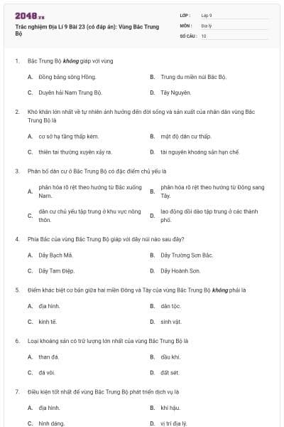 Trắc nghiệm Địa Lí 9 Bài 23 (có đáp án): Vùng Bắc Trung Bộ