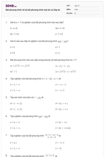 Bất phương trình và hệ bất phương trình một ẩn có đáp án