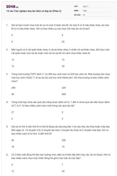 19 câu Trắc nghiệm Quy tắc đếm có đáp án (Phần 2)