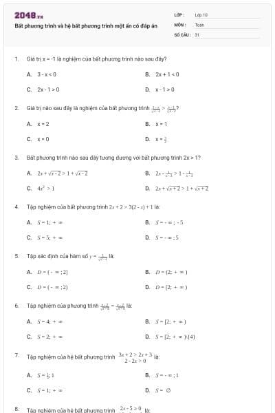 Bất phương trình và hệ bất phương trình một ẩn có đáp án