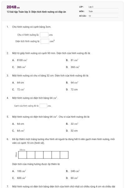 13 bài tập Toán lớp 3: Diện tích hình vuông có đáp án