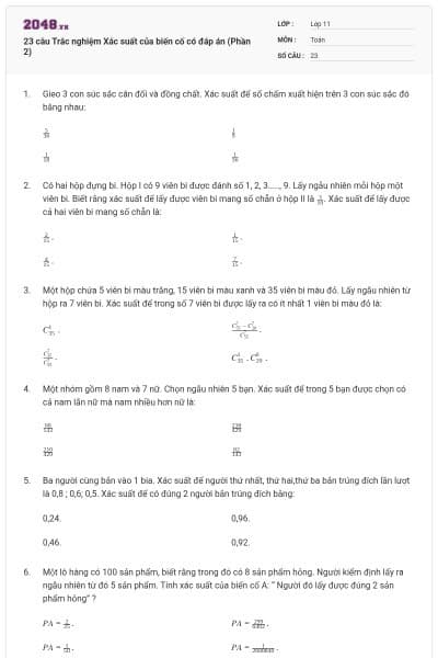 23 câu Trắc nghiệm Xác suất của biến cố có đáp án (Phần 2)