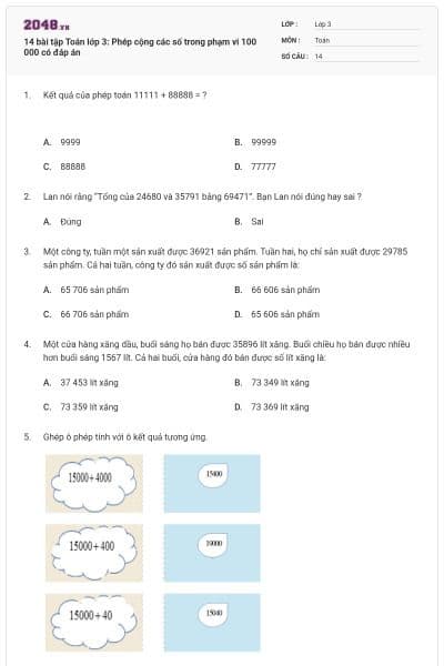 14 bài tập Toán lớp 3: Phép cộng các số trong phạm vi 100 000 có đáp án