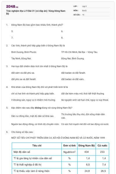 Trắc nghiệm Địa Lí 9 Bài 31 (có đáp án): Vùng Đông Nam Bộ