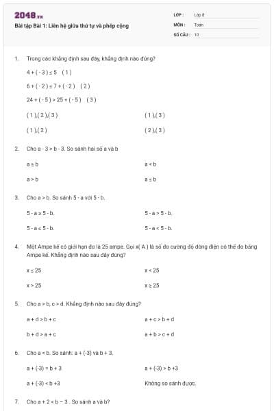 Bài tập Bài 1: Liên hệ giữa thứ tự và phép cộng