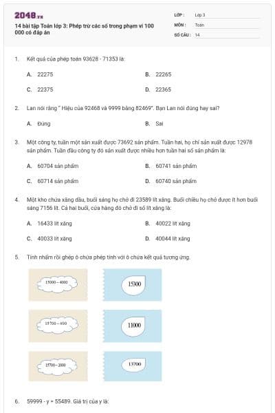 14 bài tập Toán lớp 3: Phép trừ các số trong phạm vi 100 000 có đáp án