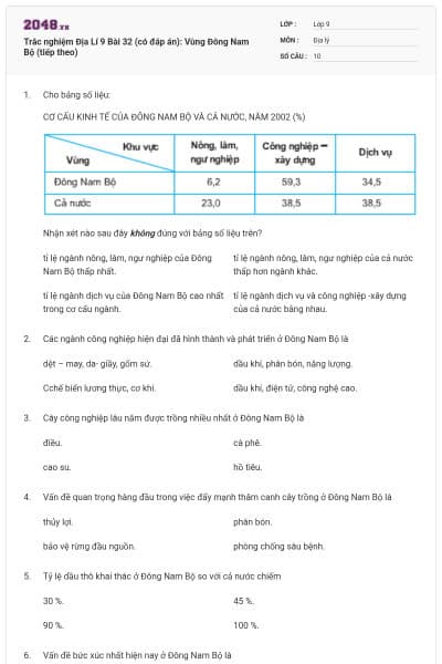 Trắc nghiệm Địa Lí 9 Bài 32 (có đáp án): Vùng Đông Nam Bộ (tiếp theo)