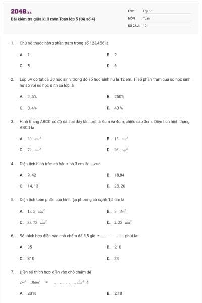 Bài kiểm tra giữa kì II môn Toán lớp 5 (Đề số 4)