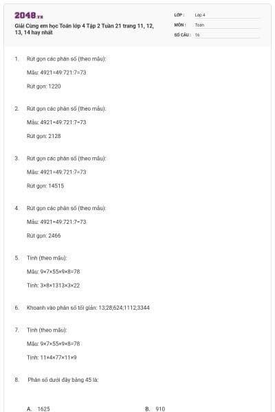 Giải Cùng em học Toán lớp 4 Tập 2 Tuần 21 trang 11, 12, 13, 14 hay nhất