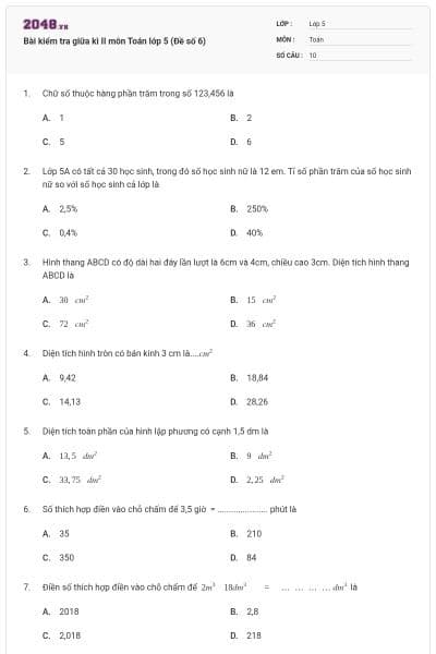 Bài kiểm tra giữa kì II môn Toán lớp 5 (Đề số 6)