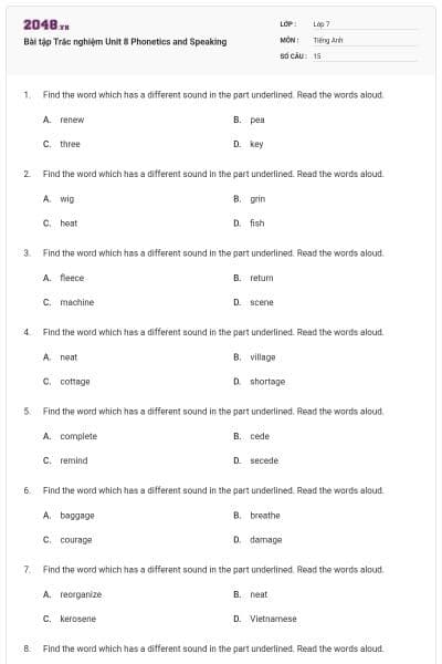 Bài tập Trắc nghiệm Unit 8 Phonetics and Speaking