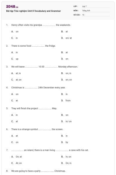 Bài tập Trắc nghiệm Unit 8 Vocabulary and Grammar