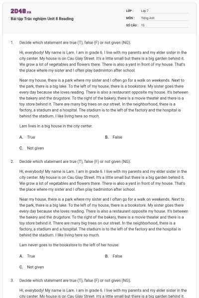 Bài tập Trắc nghiệm Unit 8 Reading