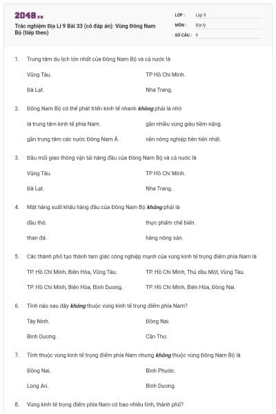 Trắc nghiệm Địa Lí 9 Bài 33 (có đáp án): Vùng Đông Nam Bộ (tiếp theo)