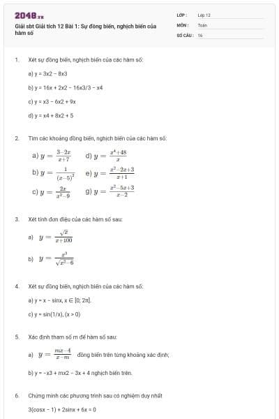 Giải sbt Giải tích 12 Bài 1: Sự đồng biến, nghịch biến của hàm số