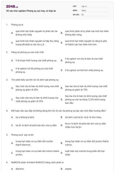 30 câu trắc nghiệm Phóng xạ cực hay, có đáp án