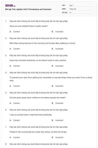 Bài tập Trắc nghiệm Unit 9 Vocabulary and Grammar