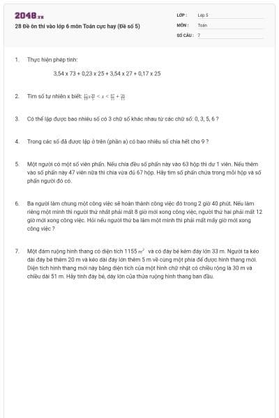 28 Đề ôn thi vào lớp 6 môn Toán cực hay (Đề số 5)