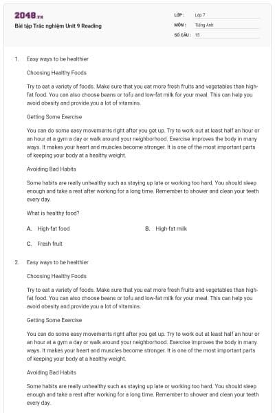 Bài tập Trắc nghiệm Unit 9 Reading