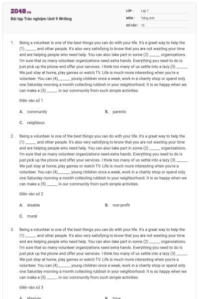 Bài tập Trắc nghiệm Unit 9 Writing