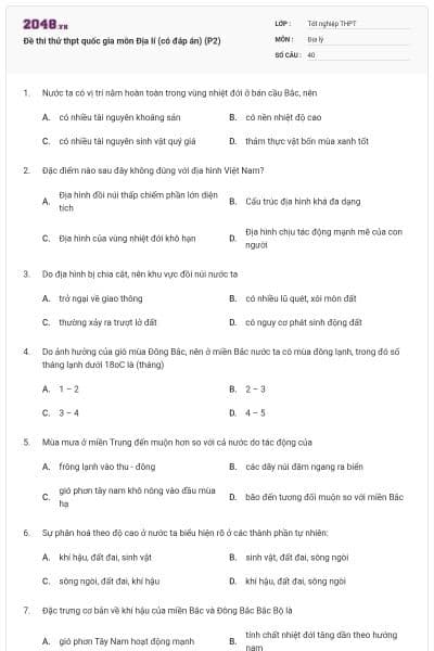 Đề thi thử thpt quốc gia môn Địa lí (có đáp án) (P2)