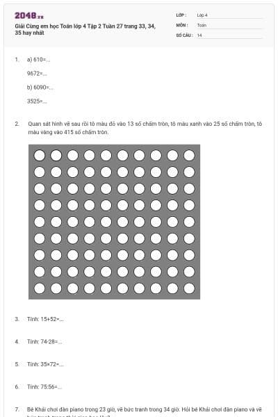 Giải Cùng em học Toán lớp 4 Tập 2 Tuần 27 trang 33, 34, 35 hay nhất