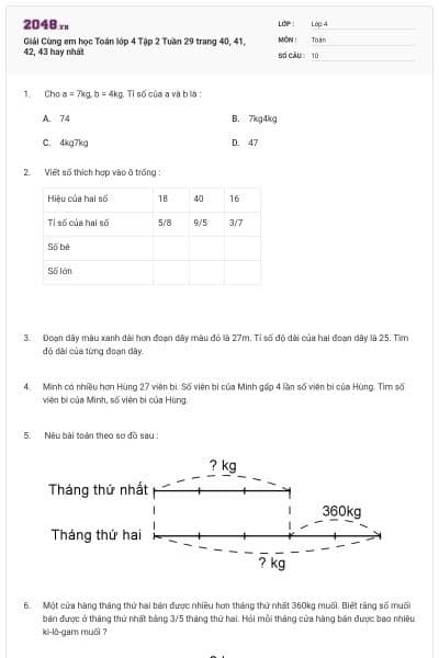 Giải Cùng em học Toán lớp 4 Tập 2 Tuần 29 trang 40, 41, 42, 43 hay nhất