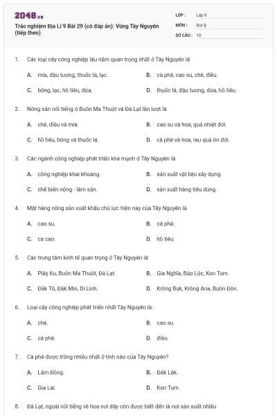 Trắc nghiệm Địa Lí 9 Bài 29 (có đáp án): Vùng Tây Nguyên (tiếp theo)