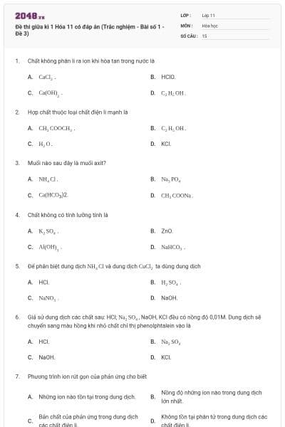 Đề thi giữa kì 1  Hóa 11 có đáp án (Trắc nghiệm - Bài số 1 - Đề 3)