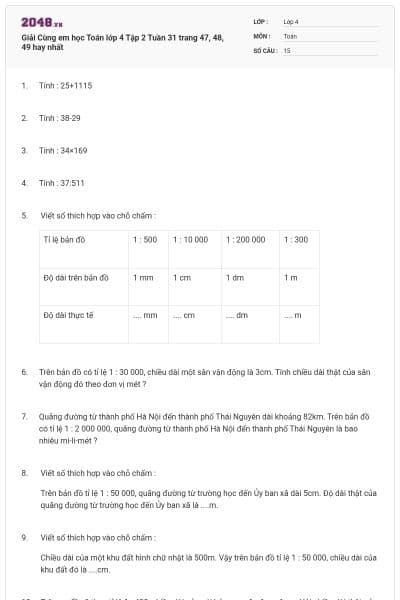 Giải Cùng em học Toán lớp 4 Tập 2 Tuần 31 trang 47, 48, 49 hay nhất