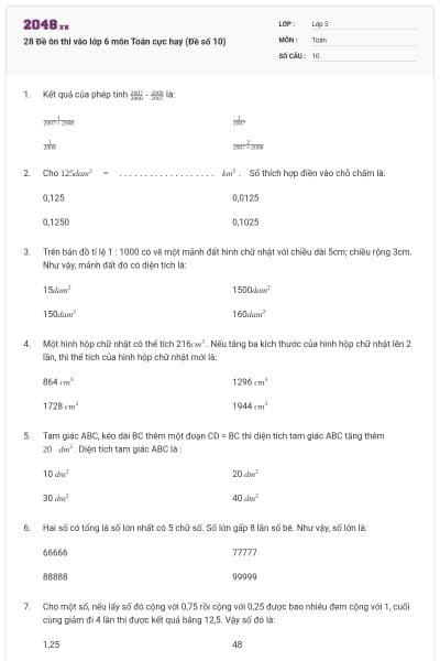 28 Đề ôn thi vào lớp 6 môn Toán cực hay (Đề số 10)