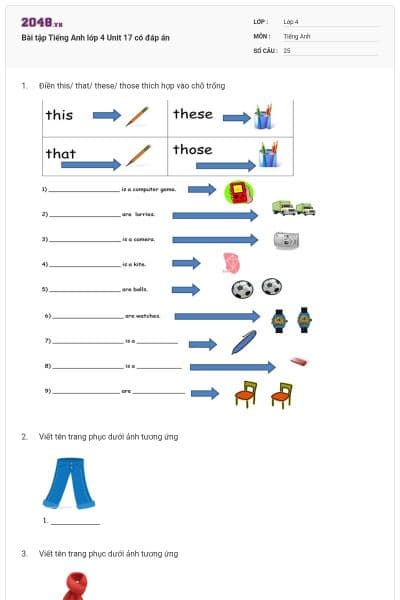 Bài tập Tiếng Anh lớp 4 Unit 17 có đáp án