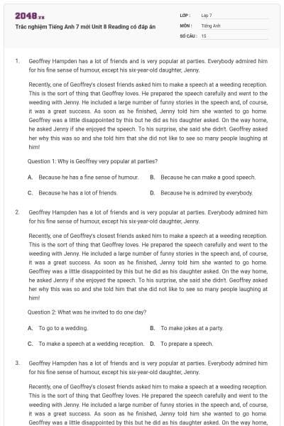 Trắc nghiệm Tiếng Anh 7 mới Unit 8 Reading có đáp án