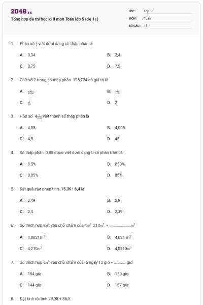 Tổng hợp đề thi học kì II môn Toán lớp 5 (đề 11)