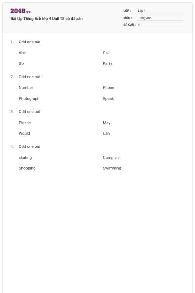 Bài tập Tiếng Anh lớp 4 Unit 18 có đáp án