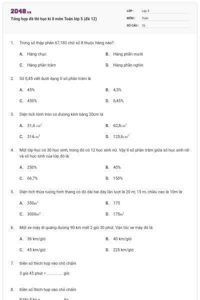 Tổng hợp đề thi học kì II môn Toán lớp 5 (đề 12)