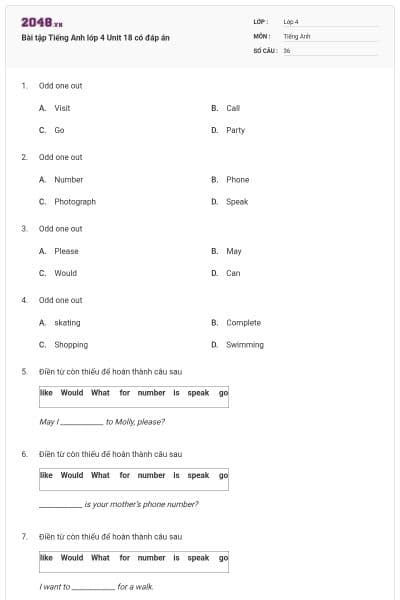 Bài tập Tiếng Anh lớp 4 Unit 18 có đáp án