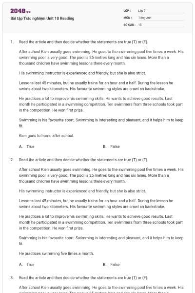 Bài tập Trắc nghiệm Unit 10 Reading