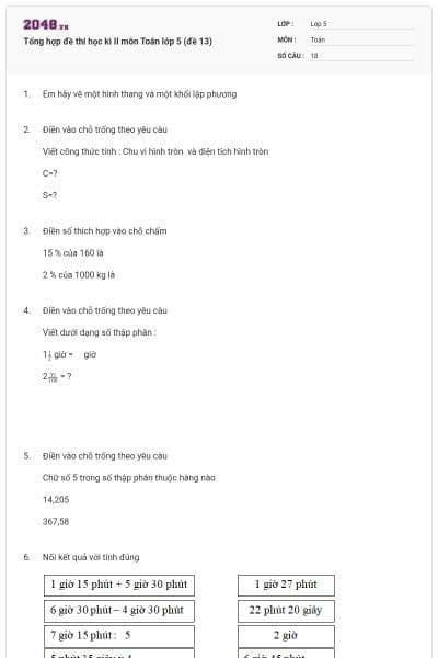Tổng hợp đề thi học kì II môn Toán lớp 5 (đề 13)