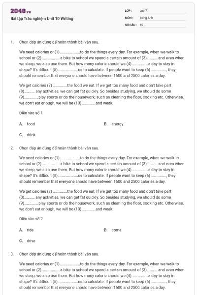 Bài tập Trắc nghiệm Unit 10 Writing