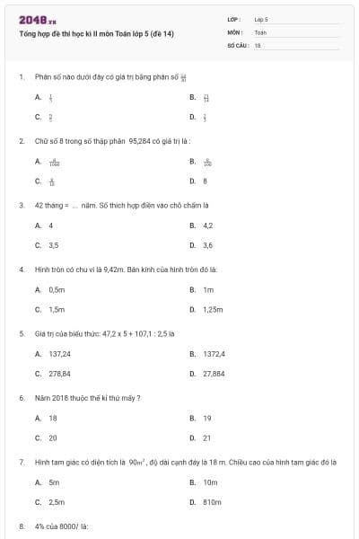 Tổng hợp đề thi học kì II môn Toán lớp 5 (đề 14)