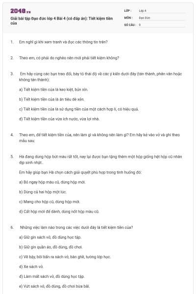 Giải bài tập Đạo đức lớp 4 Bài 4 (có đáp án): Tiết kiệm tiền của