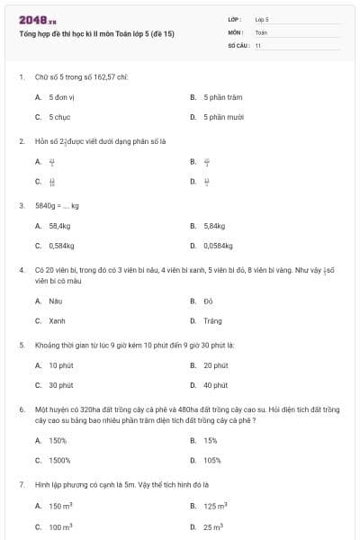 Tổng hợp đề thi học kì II môn Toán lớp 5 (đề 15)